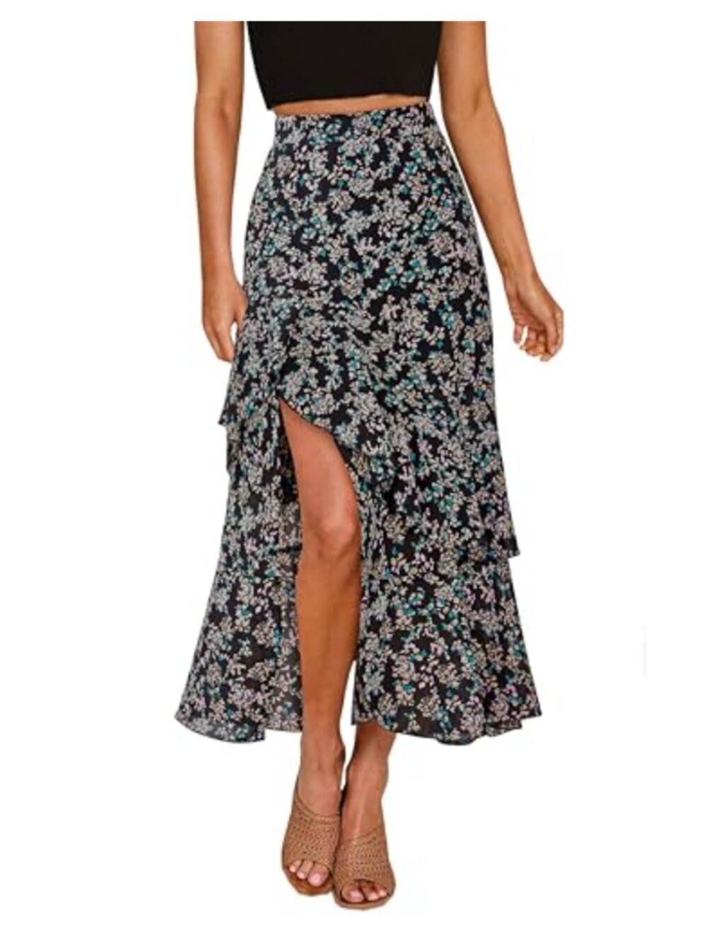 Floral High Low Ruffle Maxi Skirt Elastic Waist Side Split Lightweight